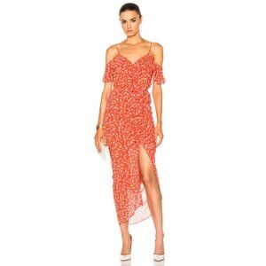 Veronica Beard Marilyn Cold Shoulder Ruffle Midi Dress in Red Multi 10 NWT